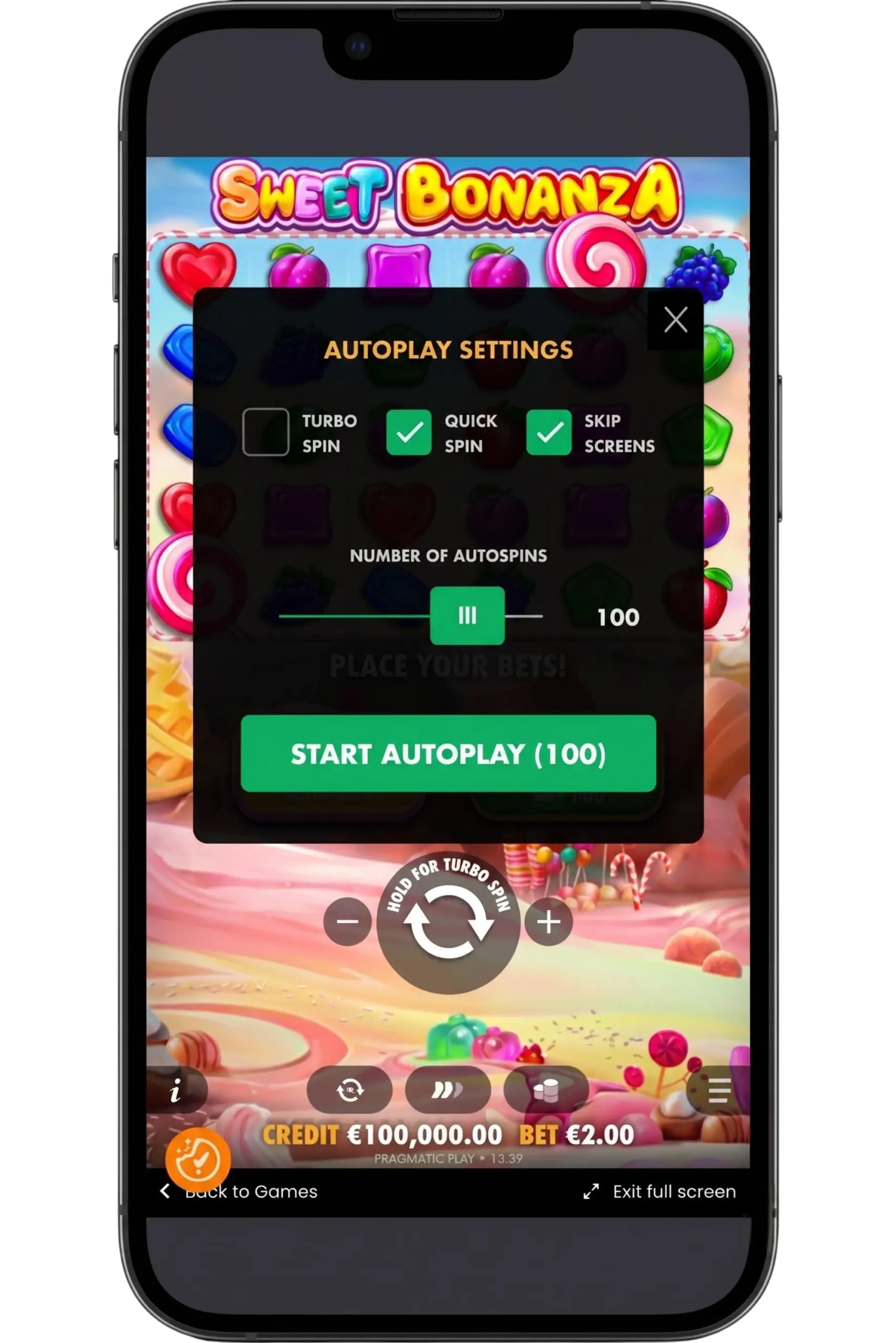 Sweet Bonanza demo autoplay instellingen met turbo en quick spin