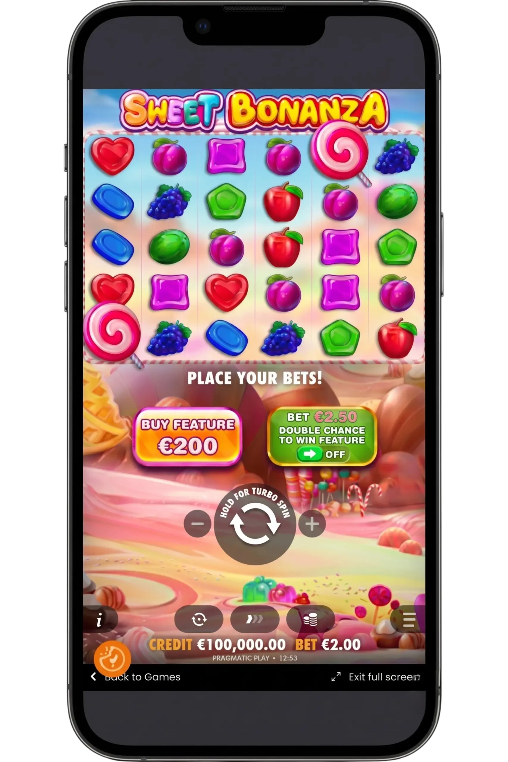 Sweet Bonanza demo hoofdscherm met 6x5 raster en inzet