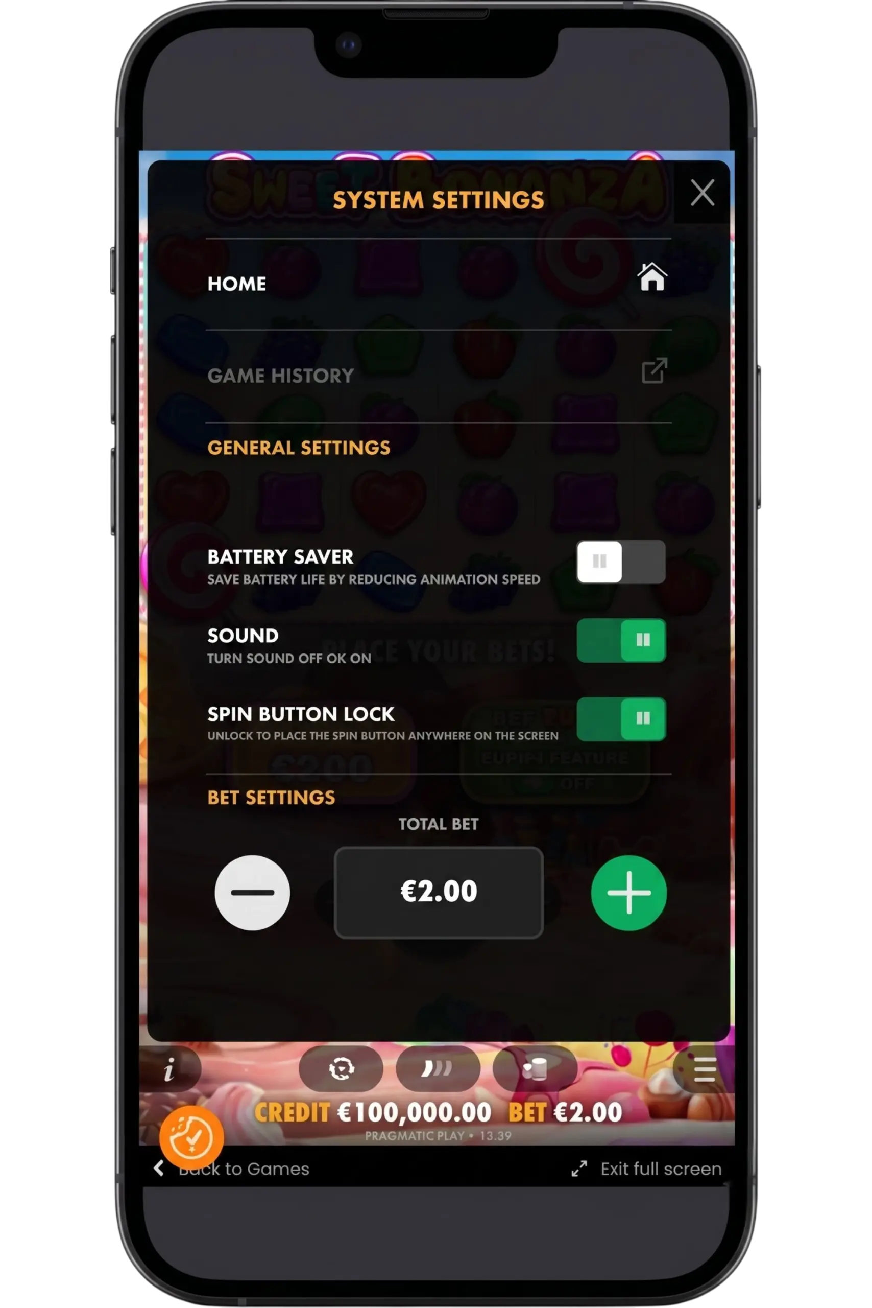 Sweet Bonanza demo instellingenmenu met geluid en inzet