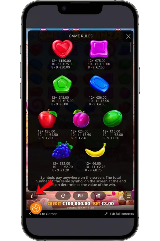 Sweet Bonanza demo uitbetalingen bekijken via het i-menu
